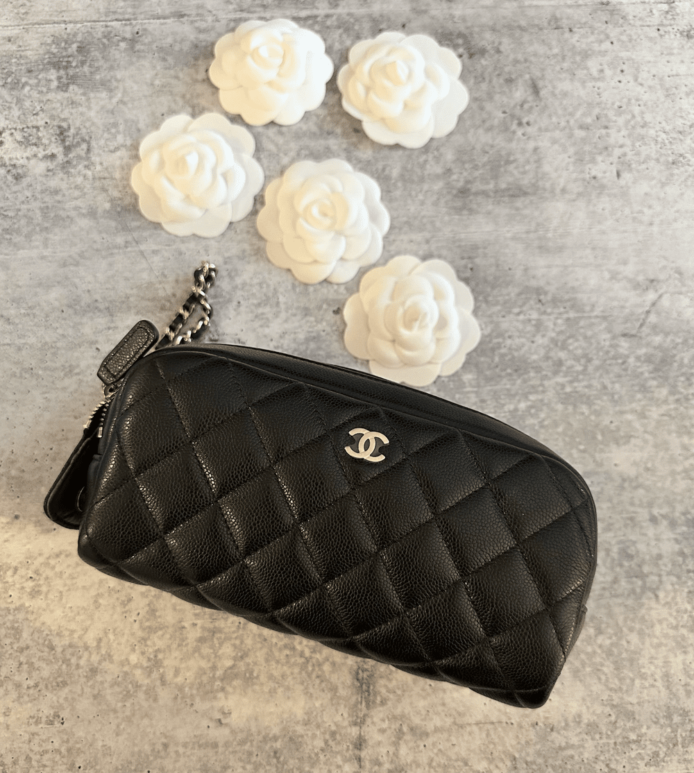 Chanel Black Caviar Leather Double Zip Cosmetic / Toiletry Case